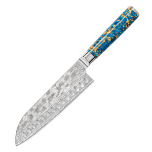 Couteau Santoku en acier Damas commercial, manche en résine bleu or, lame Damas tissée tranchante, pour restaurant, hôtel, cuisine, viande, poisson - Product Image 1
