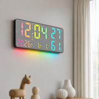 Jam Dinding LED RGB Digital untuk Ruang Tamu, Layar Besar, Remote Control, Temperatur, Kelembapan, Kalender, Lampu Neon Ambient, Timer