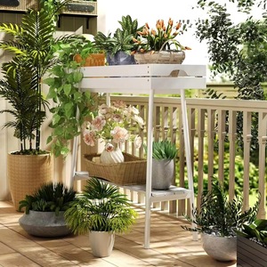 Étagère de présentation en bambou blanc à deux niveaux pour balcon de jardin extérieur, support pour plantes avec rangement - Product Image 5