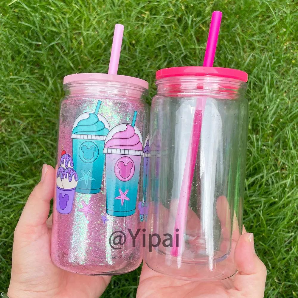 Gelas minum plastik akrilik 12oz, kaleng bir soda akrilik dinding ganda bening transparan mug bir plastik akrilik 12oz bola salju dapat Untuk bungkus UV DTF