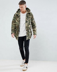 KY Fixed Hood Zip Fastening Press-stud Placket Padded Parka <strong>Camo</strong> Mens Long <strong>Jacket</strong> With Hood in Khaki - Product Image 5