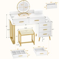 Coiffeuse de rangement réglable avec miroir LED éclairé, 6 tiroirs de rangement, tabouret rembourré, design moderne pour salle de bain féminine