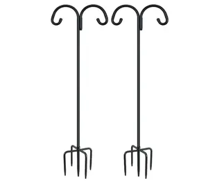 Double Shepherds Hooks for Outdoor, Heavy Duty Bird Feeder Pole with 5 Prong Base, Adjustable Shepards Hook for Outside