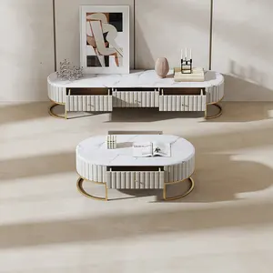 Ensemble de table basse et meuble tv en marbre blanc, haut de gamme moderne et de luxe, en cuir personnalisé, pieds métalliques, table de thé, couleur