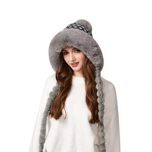 Chapeau tricoté jacquard épais et chaud d'hiver avec velours pour <span class=keywords><strong>femme</strong></span>, protection auditive en peluche mignonne, coupe-vent, avec <span class=keywords><strong>pompon</strong></span> - Product Image 3