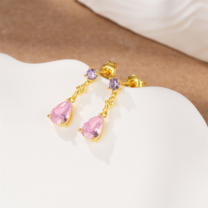 CANNER Summer Pink Teardrop Color 5A Zircon S925 Sterling <b>Silver</b> Classic <b>Stud</b> <b>Earrings</b> for Women Girls - Product Image 2