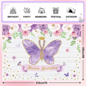 Pafu Lila Rosa Gold Rose Blumen fotografie Hintergrund Schmetterling Tisch Banner Dekor liefert Schmetterling Geburtstags feier Hintergrund - Product Image 4