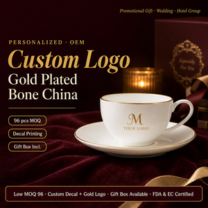 Taza y Platillo de Porcelana China con Baño de Oro Personalizado, Impresión de Logotipo OEM, Regalo Promocional Personalizado, MOQ Bajo 96 - Product Image 1