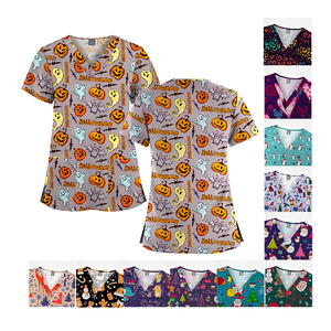 Newest Fashion V-neck Stretchy Fabric Women's Print Medical Fun <strong>Scrub</strong> <strong>Top</strong> Custom Dental <strong>Scrubs</strong> <strong>Tops</strong> Uniform - Product Image 3