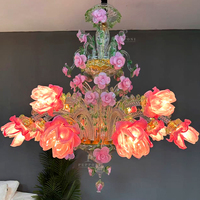 Lustre en verre soufflé à la main en forme de rose rose, 12 lumières E14, style Murano, lampe suspendue pour salle à manger de villa