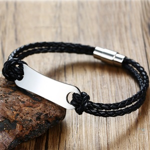Mens <b>Leather</b> Magnet <b>Bracelets</b> Stainless Steel Custom Engraving Blank bar <b>Bracelet</b> - Product Image 2