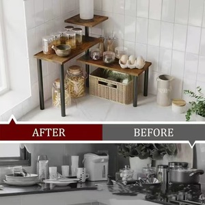 Multi Tiered <b>Corner</b> <b>Storage</b> Rack 3 Tier Wood <b>Kitchen</b> Countertop Organizer With Basket For Food And Spice <b>Storage</b> - Product Image 3