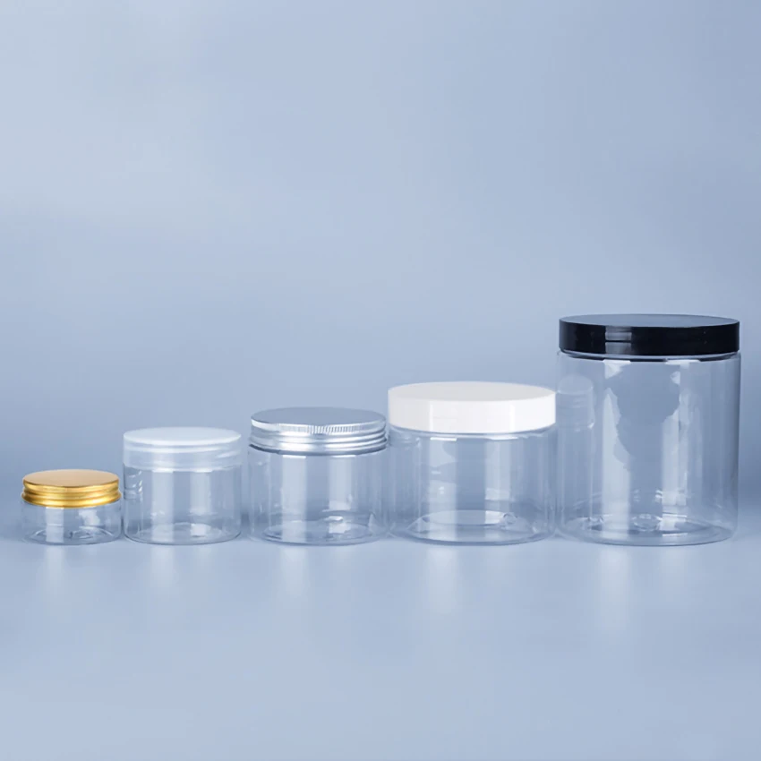 100ml 150ml 200ml 500ml Clear PET Round Wide Mouth Plastic Jars 2 oz 6oz 16oz Powder Butter Cream White Jar with Black Lids Seal