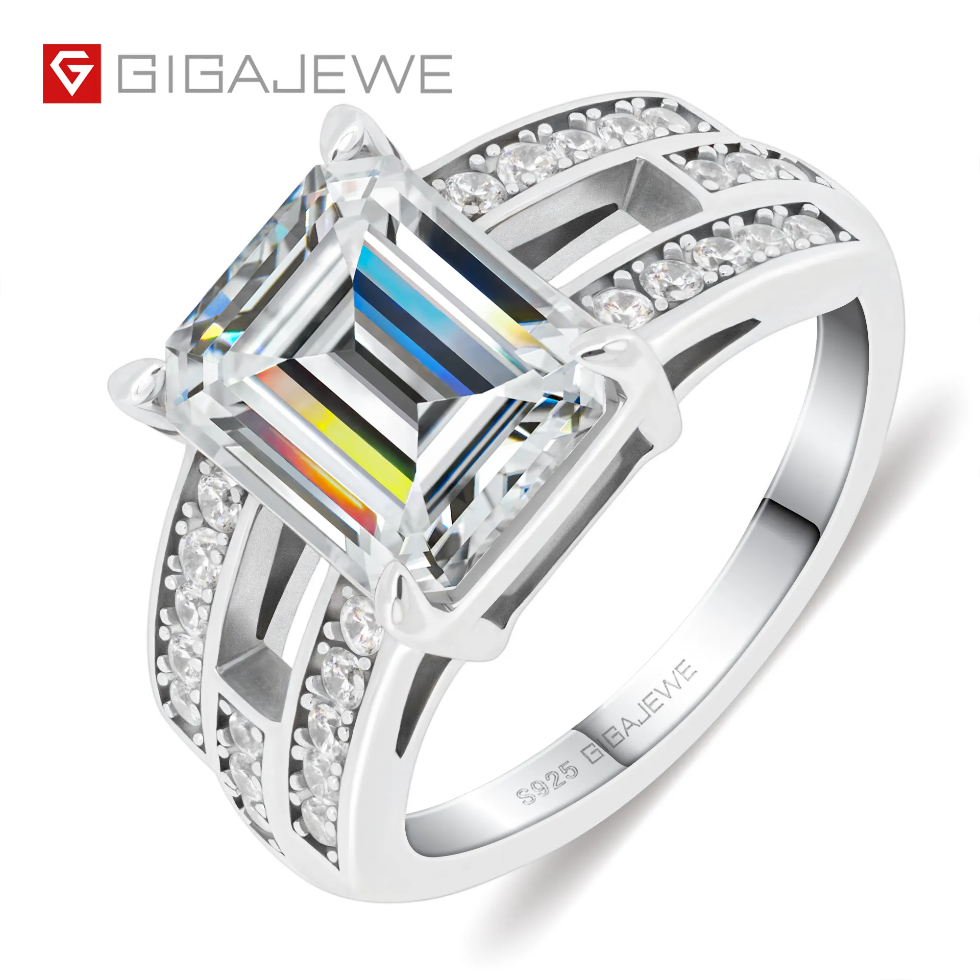 GIGAJEWE 4.0ct 8x10mm DEF Princesse 18K Blanc Plaqué Or 925 Argent Moissanite Anneau Diamant A Réussi Le Test Bijoux Femme Fille Cadeau