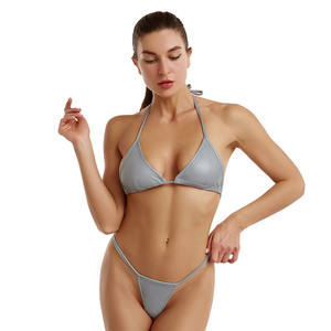 Conjunto de Bikini reflectante de nailon y LICRA para mujer, Tanga, traje de baño dividido con tiras, ropa interior Sexy colorida - Product Image 4