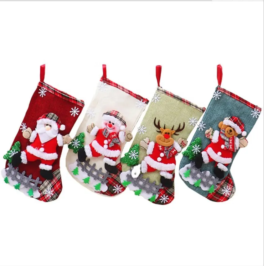 Large cotton linen Christmas Socks Christmas Ornaments Snowman Elk Bear Santa Claus Christmas stockings