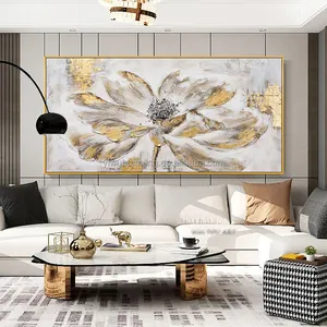 Pintura al óleo abstracta para decoración del hogar, cuadro de arte de pared nórdico moderno con flores doradas, lienzo grande para sala de estar
