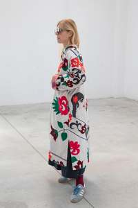 Classic Women's Suzani Hand Embroidered Floral <b>Pattern</b> Canvas <b>Quilted</b> <b>Jacket</b> Autumn Winter Boho Crewel Woven Button 100% Cotton - Product Image 2