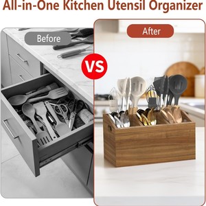 Boîte de rangement pour couverts en bois avec compartiments, organisateur d'ustensiles de cuisine, support de vaisselle de table, couleur unie marron - Product Image 4