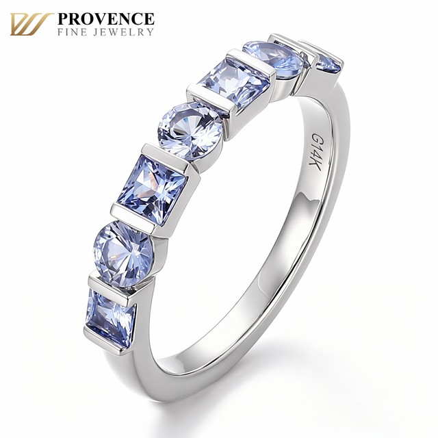 September Birthstone Blue Sapphire Half Eternity Ring 14K White Gold Princess and Round Sapphire Stackable Ring Fine Jewelry