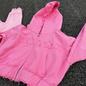 Custom Women Zipper Applique Embroidery Patch Pullover Hoodies pink <b>Cropped</b> Top Distressed <b>Zip</b> <b>up</b> Hoodie Women - Product Image 4