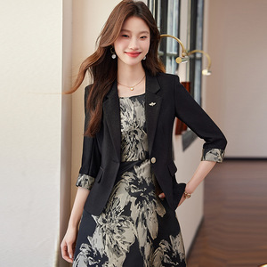 Women's Printed Suit Dress Set Black Blazer Crepe Two Piece Summer Korean Style Breathable Polyester - Product Image 1