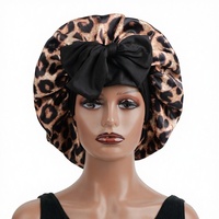 Topi Tidur Satin Motif Macan Tutul Ukuran Besar untuk Wanita, Topi Malam dengan Hiasan Pita Lebar untuk Tidur