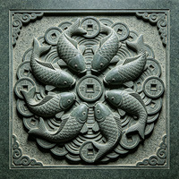 Plaque murale en pierre bleue en relief, huit carpes, pièces de monnaie chinoises anciennes, statue sculptée en pierre traditionnelle Feng Shui attirant la richesse