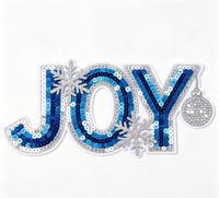 Patchs brodés personnalisés en gros JOY de Noël, motif houx festif, à paillettes et broderie bleue neige, thermocollants et à coudre pour vêtements et chapeaux