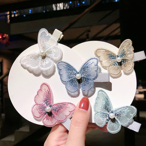 Thời Trang Thêu 3D Bướm Kẹp Tóc Ngọc Trai Bangs Cạnh Clip Ins Cô Gái Cổ Tích Trong Suốt Lưới Mũ - Product Image 3