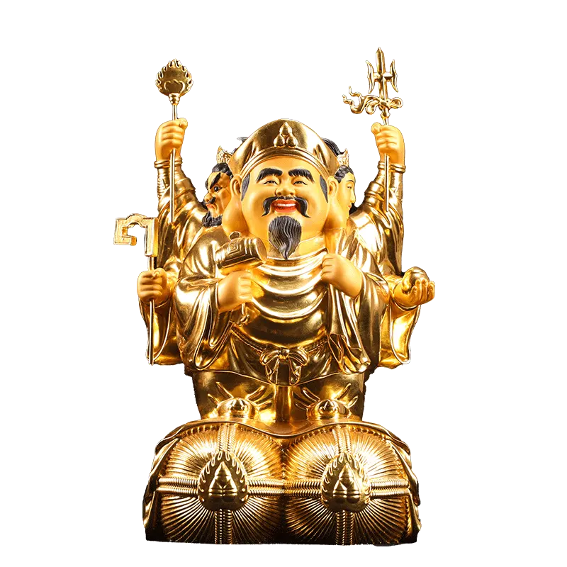 Três faces grande deus de riqueza preto oriente tantrico, nepal, adorado com estátua de ouro de buda, artesanato de cobre