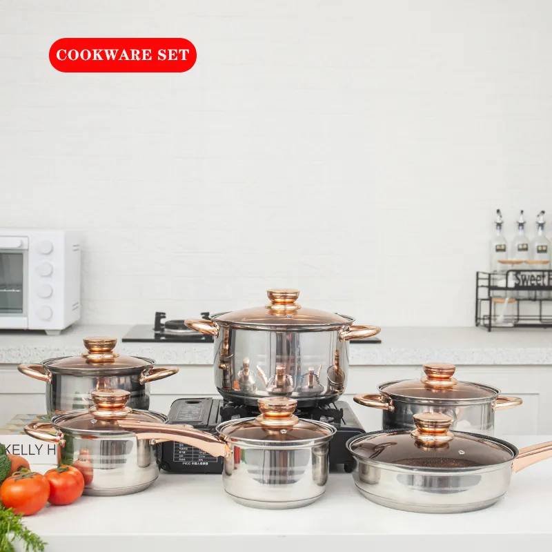 Tingkatkan memasak 12 buah Set panci sup besi cor dapur antilengket peralatan masak Stainless Steel penghangat makanan