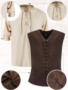 Suhine Set di 6 Pezzi Costume da Pirata per Uomo, Gilet e Camicia Rinascimentali e Medievali, Accessori per Caviglie, Kit per Adulti per Feste di Halloween - Product Image 2