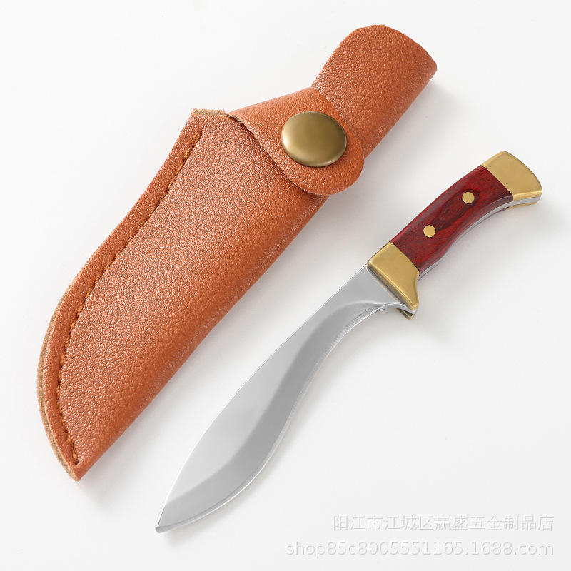 Small curved knife with silver blade and wooden handle