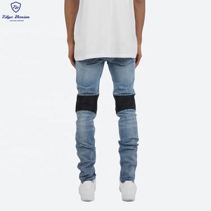 Bordo DENIM personalizzato blu nero con cerniera in <span class=keywords><strong>pelle</strong></span> plissettata Moto Biker <span class=keywords><strong>Jeans</strong></span> da uomo - Product Image 6