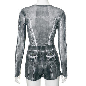 New Fashion Casual Fall Autumn Spring Long Sleeve Sexy Club 2 Piece Set Full Print Mesh Women Two Piece Mini Skirt Set <strong>Outfits</strong> - Product Image 4