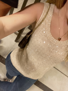 Débardeur en maille scintillante pour femme, été 2026, sans manches, à sequins, col rond, couleur or champagne, haut tricoté élégant pour le quotidien - Product Image 4