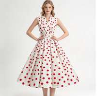 Robe Vintage Femme à Pois Très Vendue, Robe Midi Évasée Sans Manches à Col Revers et Ceinture, Idéale pour Fêtes Estivales et Usage Quotidien, Personnalisation OEM