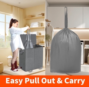 Doppio cesto per <span class=keywords><strong>biancheria</strong></span> con coperchio e sacca per <span class=keywords><strong>biancheria</strong></span> rimovibile grande pieghevole 2 divisori cesto per vestiti sporchi per camera da letto - Product Image 4