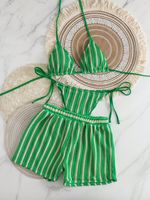 Maillot de bain trois pièces en maille tricotée rayée personnalisé, style bohème féminin, avec ensembles de bikinis pour femmes
