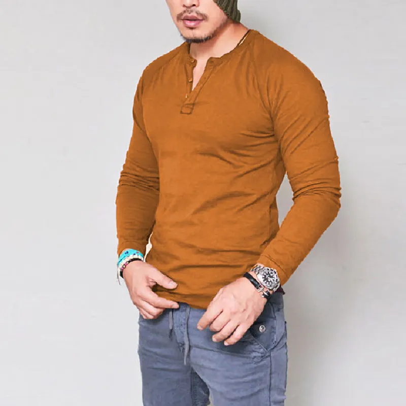 Custom Design Autumn Winter Round Neck Solid Color Button Long-Sleeved T-shirt Men Sportswear Full Sleeve T shirt