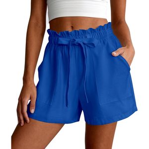 FOXA Summer Shorts Women High Waist Ruffle Drawstring Wide Leg Casual <b>Lounge</b> Beach Wear Breathable Polyester Shorts - Product Image 1