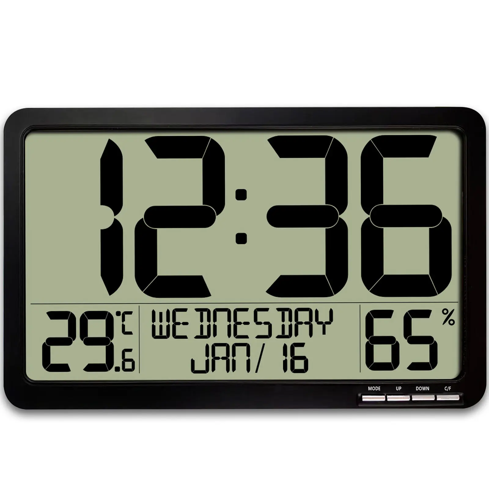 Reloj de pared de pantalla grande multifuncional con temperatura, humedad, fecha, alarma: para ancianos, oficina, 8 zonas horarias, DST automático