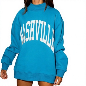 Sweat-shirts à col roulé oversize en coton bleu à manches longues avec lettres imprimées sur le devant, pour l'automne, faible MOQ - Product Image 1