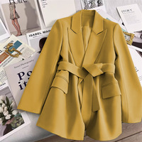 Nouveau modèle Veste de costume pour femme Cardigans Veste de bureau pour femme Manches longues Ceinture à revers Col en V Manteau de costume ample et décontracté