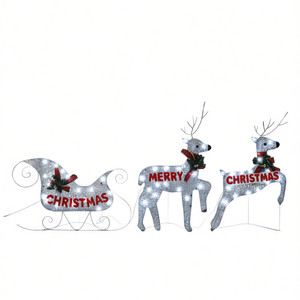 Decoración Navideña de Reno y Trineo de Metal Plateado con 60 LED, Exhibición Festiva Tradicional para Exteriores, Feliz Navidad - Product Image 1