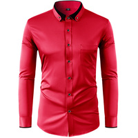 Setelan pakaian berlian pria, baju kancing depan ritsleting, kerah kontras warna polos, Slim Fit lengan panjang