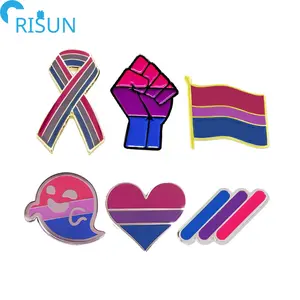 Broche de esmalte do metal, fabricação bisexual, logotipo personalizado, bandeira de orgulho bisexual, fita de coração, broche de esmalte