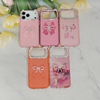 Coque de téléphone avec cadre en strass oreilles de chat et nœud en tulle 3D, protection mignonne pour iPhone 17 16 15 14 13 12 11 Pro Max