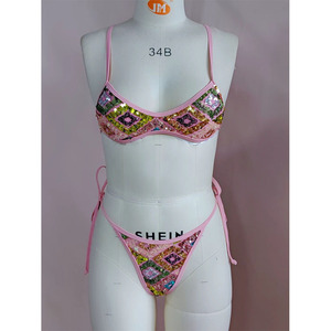 ملابس سباحة نسائية مزينة بالترتر، طقم بيكيني من 3 قطع، توب مثلث، بيكيني برازيلي مخصص لامع - Product Image 4